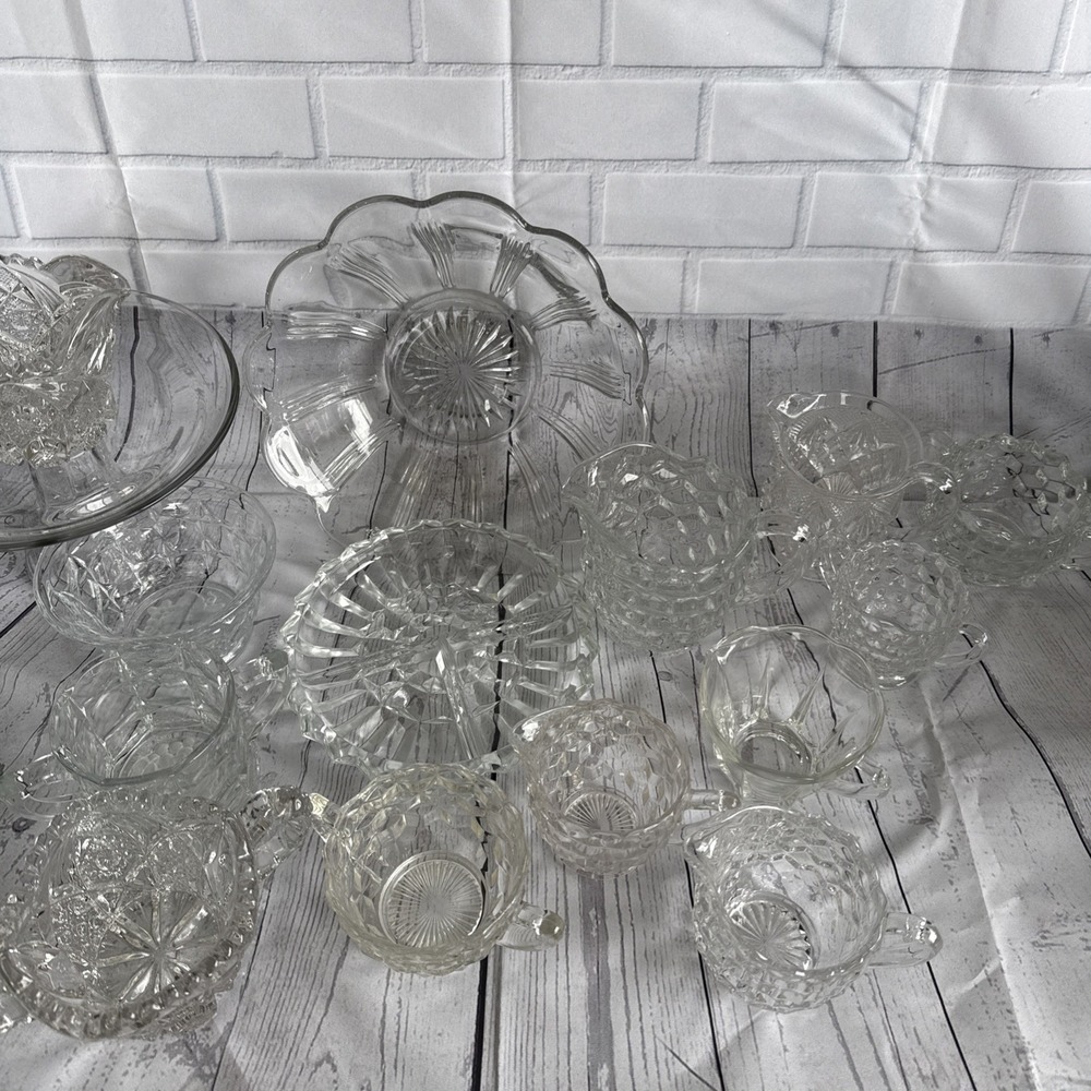 Vintage Clear Pressed Glass Mixed Lot Mid-Century Serving Bowls Creamer Jugs